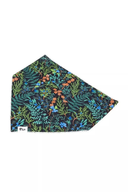 Magical Fern Forest dog bandana with vibrant fern and floral pattern in green, blue, and orange hues.