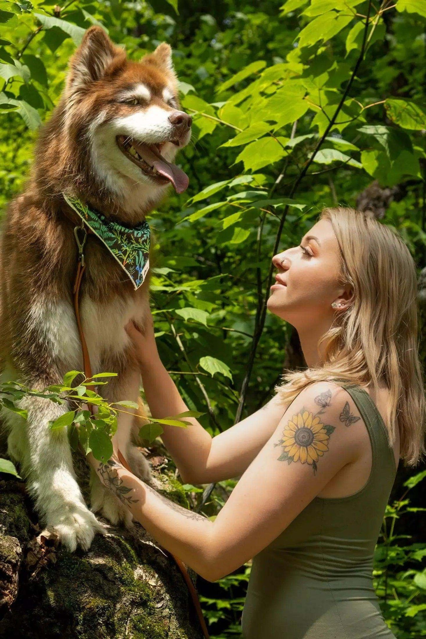 Dog wearing Magical Fern Forest bandana in lush green forest with woman smiling