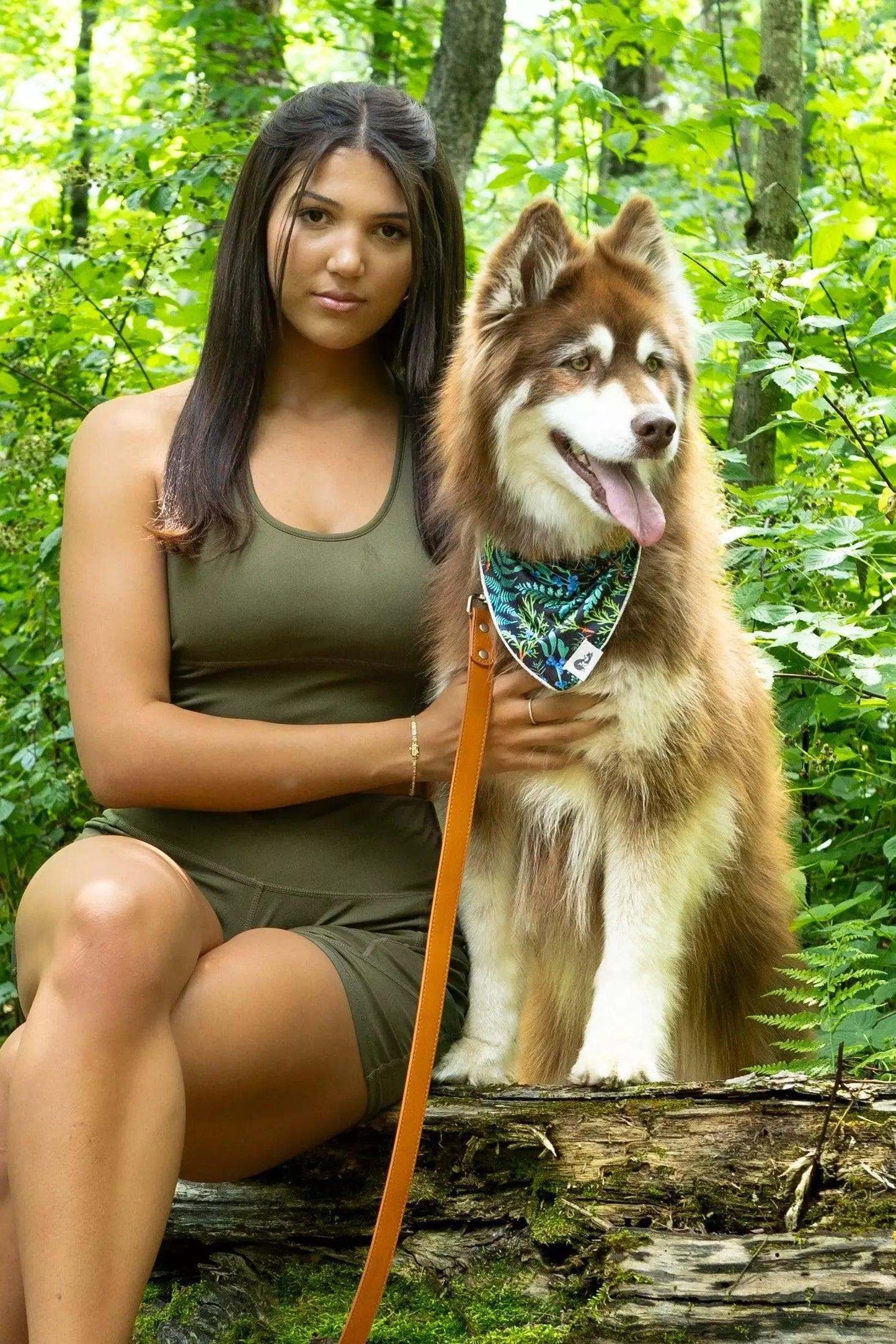 Dog wearing vibrant Magical Fern Forest bandana sitting next to woman in green dress in forest setting