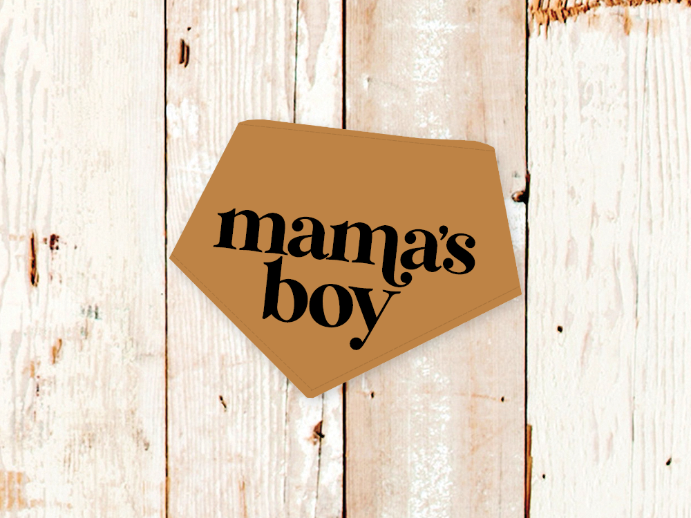 Brown "Mama's Boy" dog bandana with adjustable snaps and cotton flannel backing