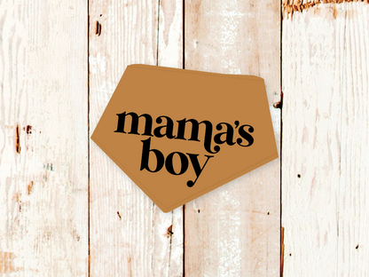 Brown "Mama's Boy" dog bandana with adjustable snaps and cotton flannel backing