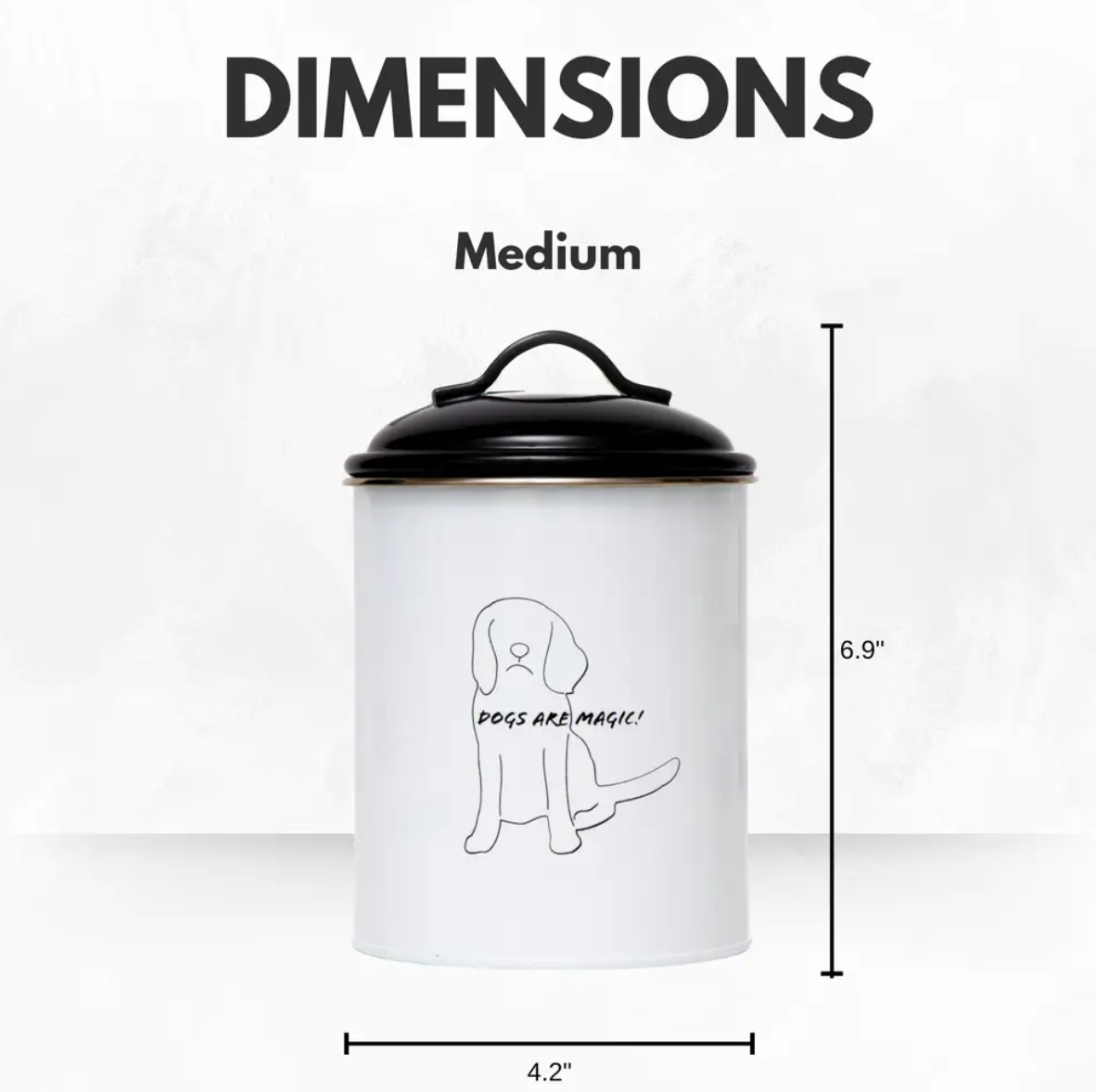 Medium black and white pet treat storage canister with dog silhouette and 6.9 inch height and 4.2 inch diameter