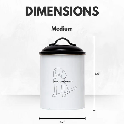 Medium black and white pet treat storage canister with dog silhouette and 6.9 inch height and 4.2 inch diameter