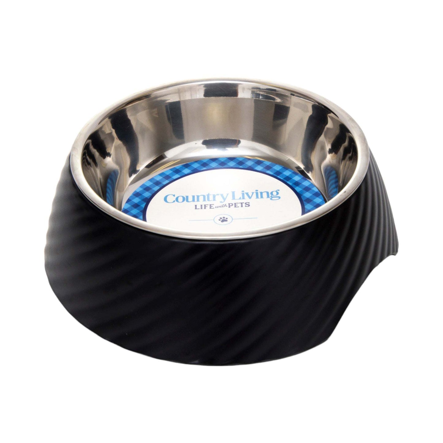 Country Living black round twill melamine dog bowl with removable stainless steel insert