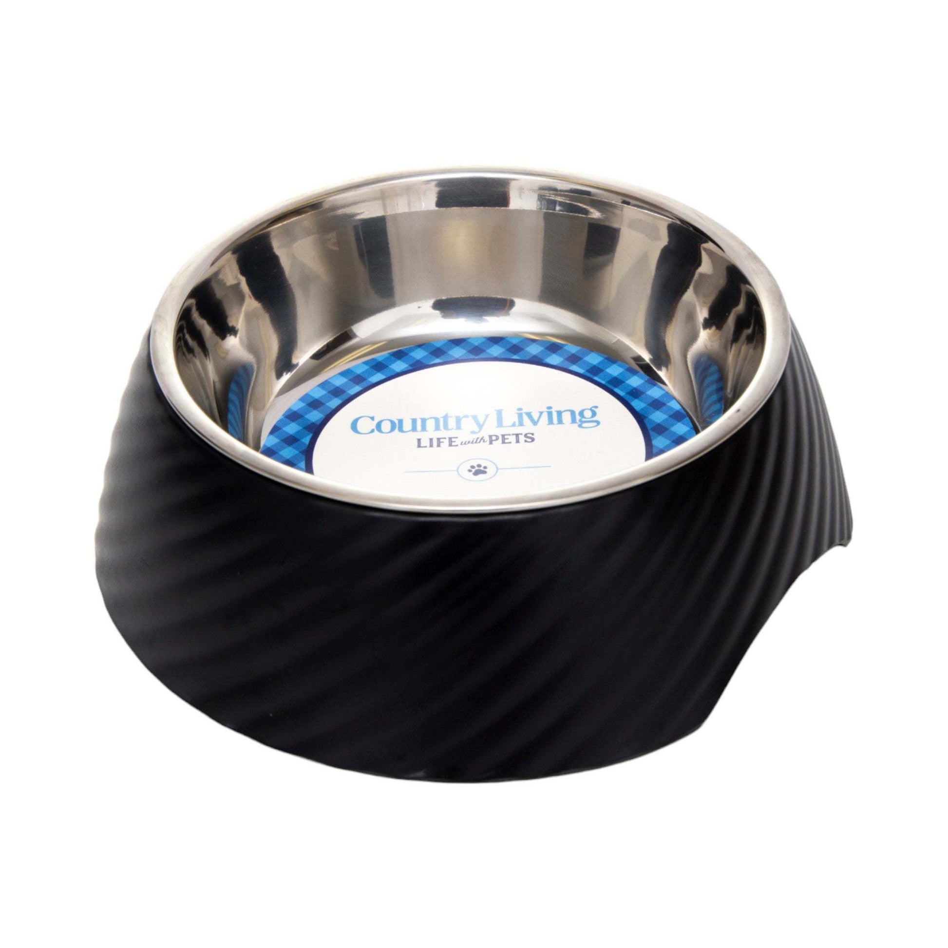 Country Living black round twill melamine dog bowl with removable stainless steel insert