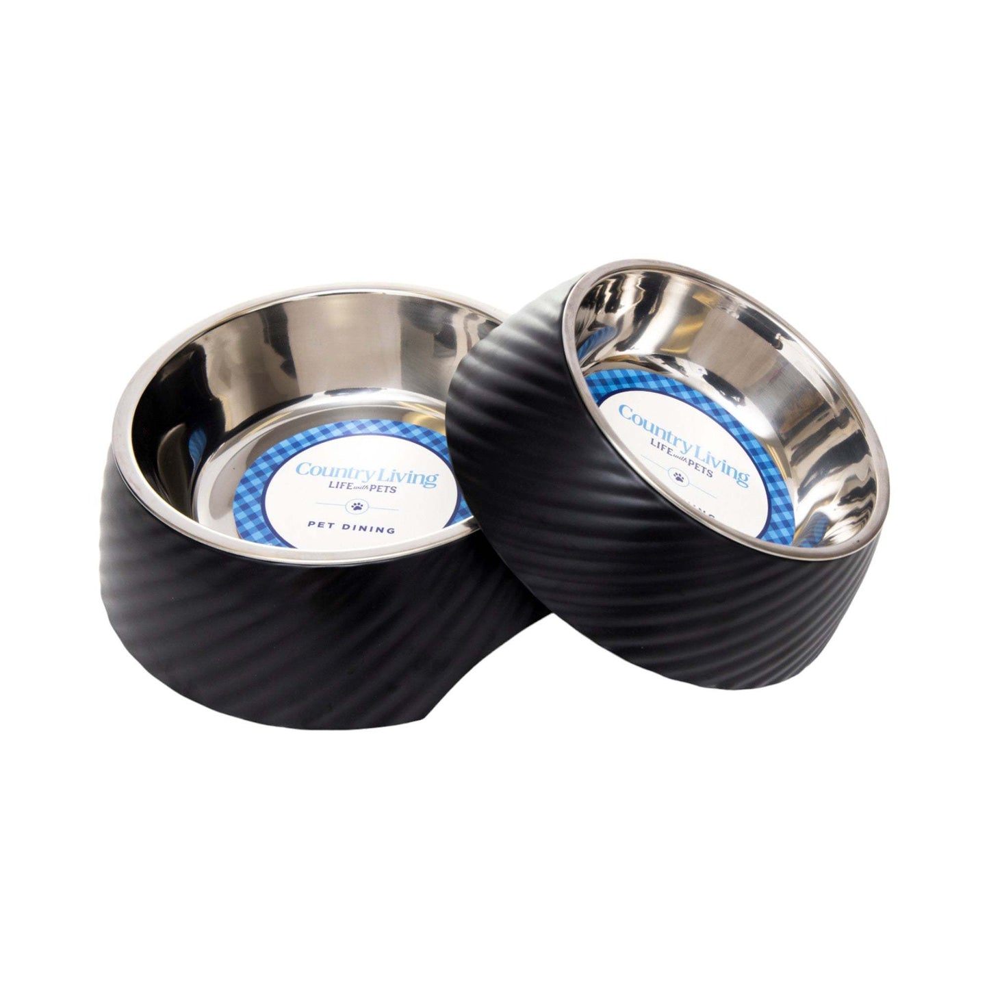 Country Living set of 2 black round twill melamine dog bowls with removable stainless steel inserts, 12oz and 24oz sizes