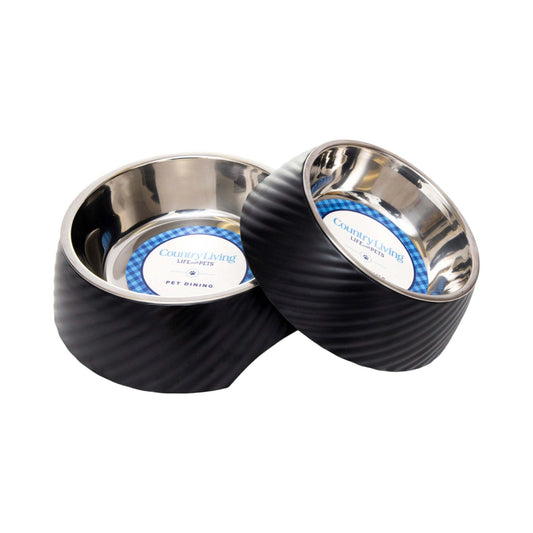 Country Living set of 2 black round twill melamine dog bowls with removable stainless steel inserts, 12oz and 24oz sizes