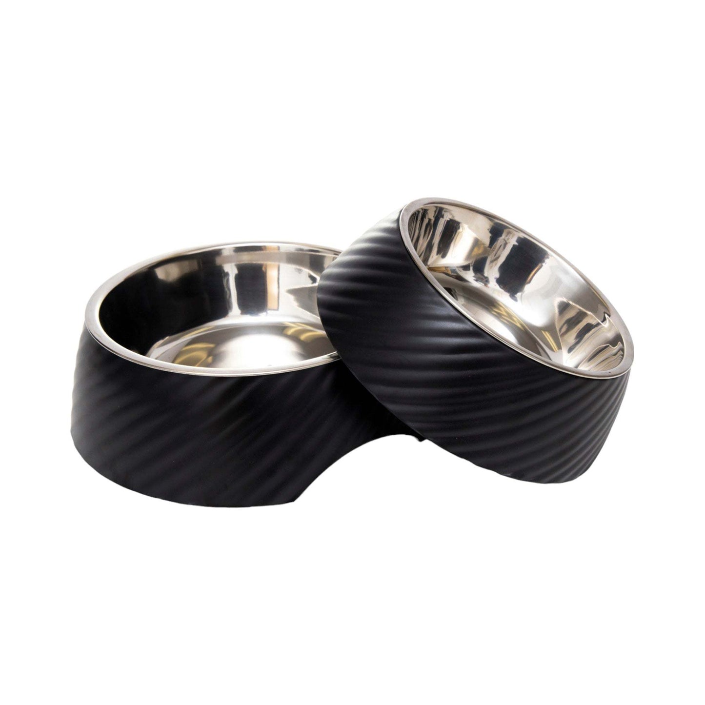 Country Living set of 2 black round twill melamine dog bowls with removable stainless steel inserts