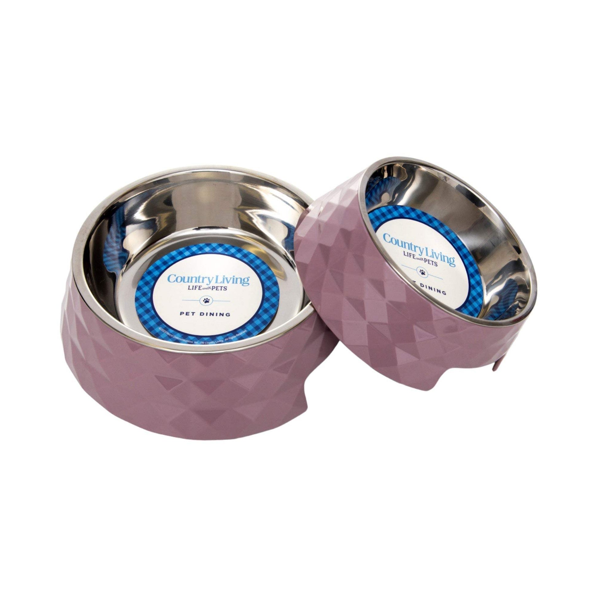Country Living set of 2 Diamond Twill Melamine Dog Bowls with removable stainless steel inserts in Wood Rose color