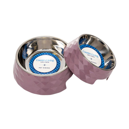 Country Living set of 2 Diamond Twill Melamine Dog Bowls with removable stainless steel inserts in Wood Rose color