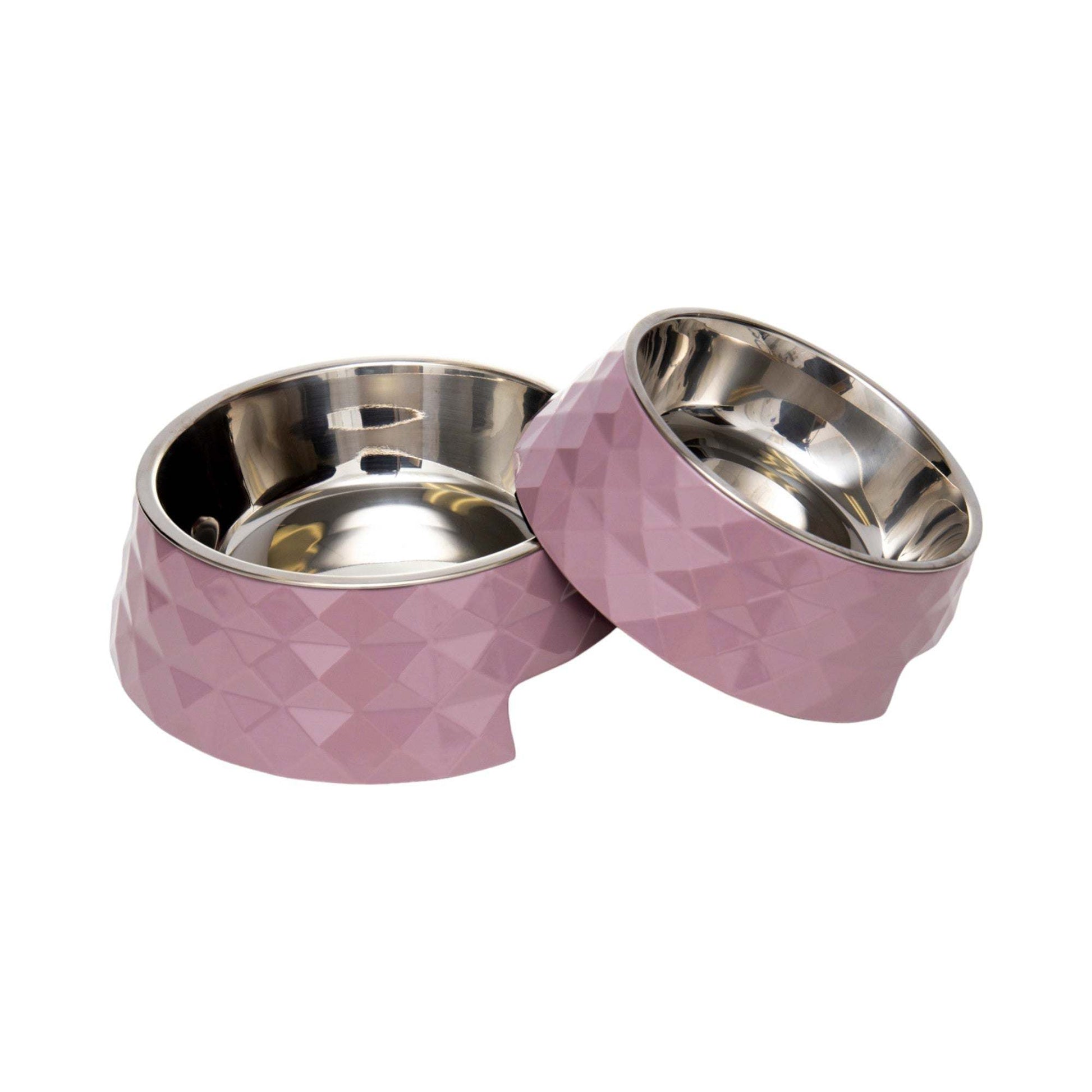 Set of 2 Diamond Twill Melamine Dog Bowls with removable stainless steel inserts in wood rose color