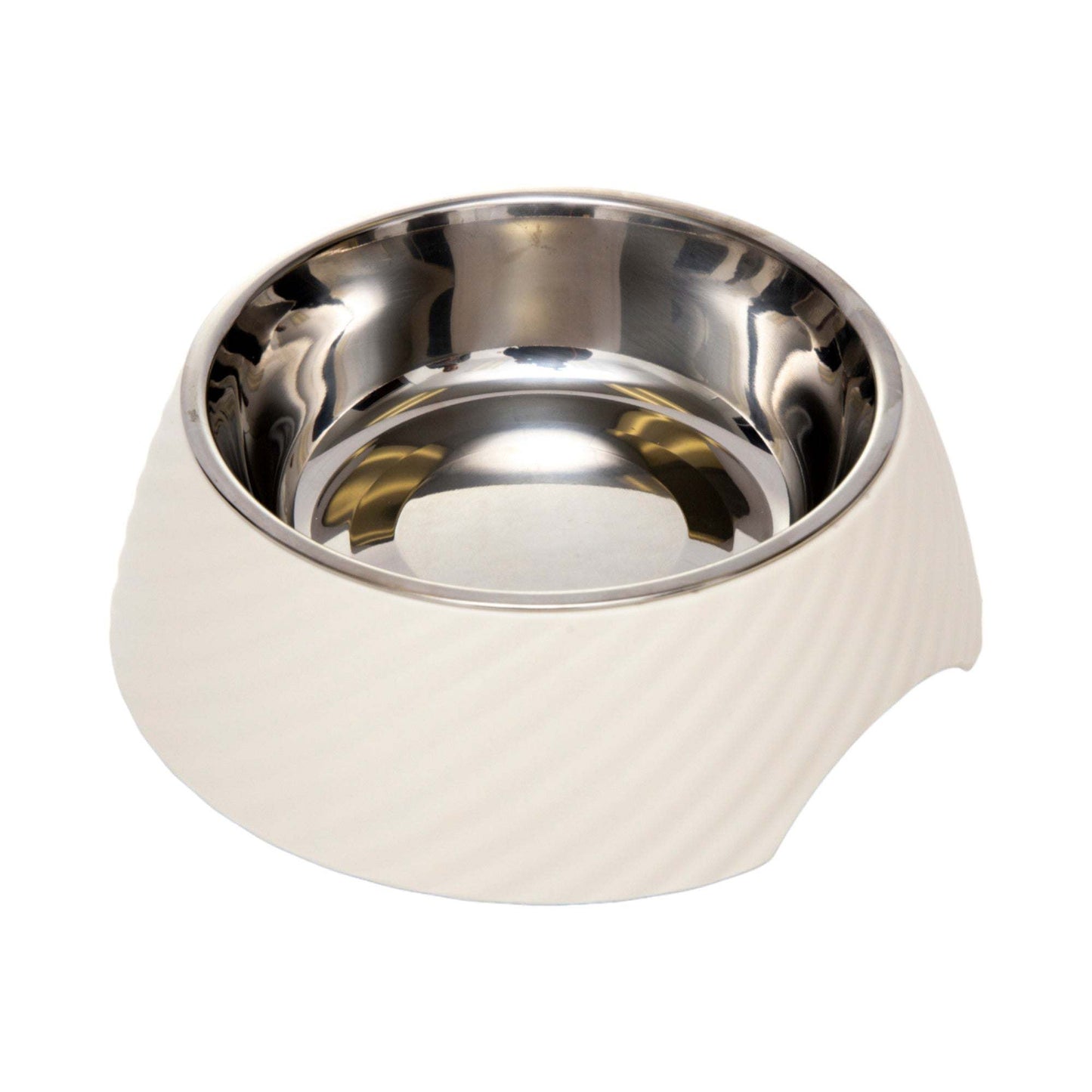 Country Living set of 2 round twill melamine dog bowls with removable stainless steel inserts in white swan color