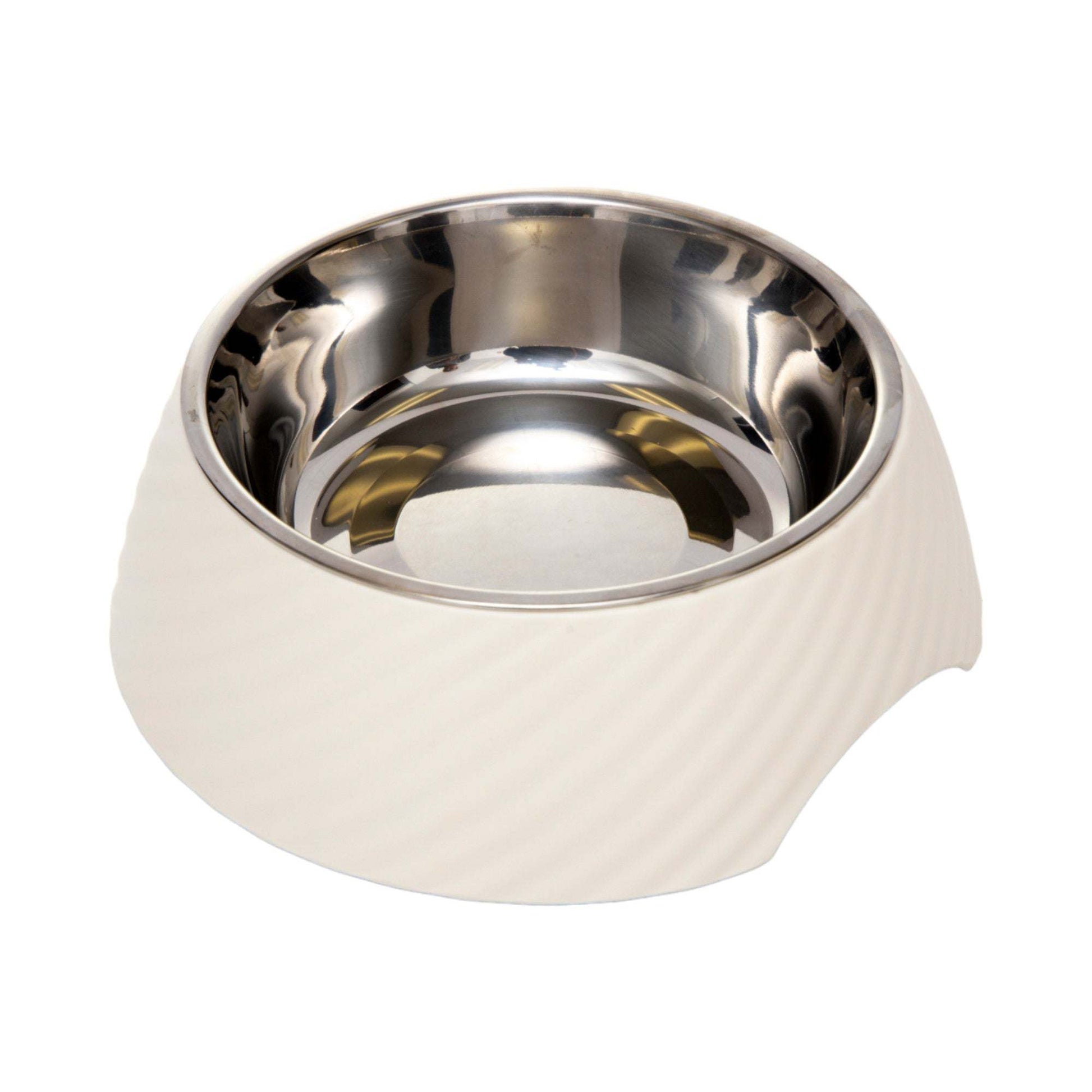 Country Living set of 2 round twill melamine dog bowls with removable stainless steel inserts in white swan color