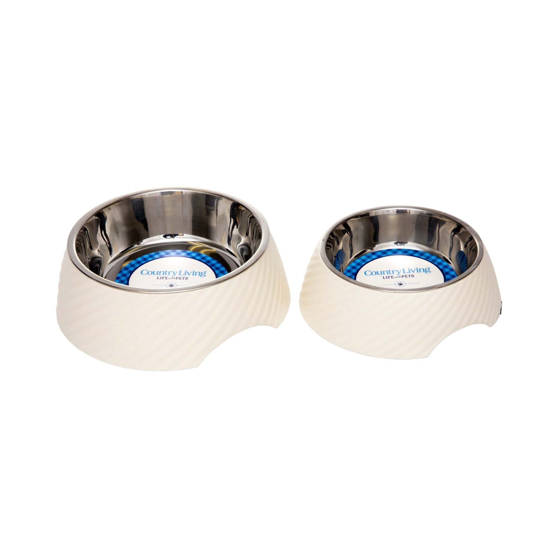 Country Living set of 2 round twill melamine dog bowls with removable stainless steel inserts in white swan color