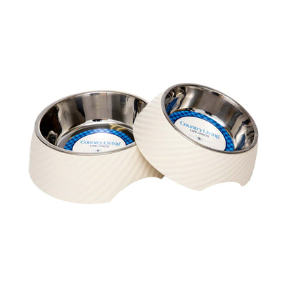 Country Living set of 2 round white twill melamine dog bowls with removable stainless steel inserts in 12oz and 24oz sizes