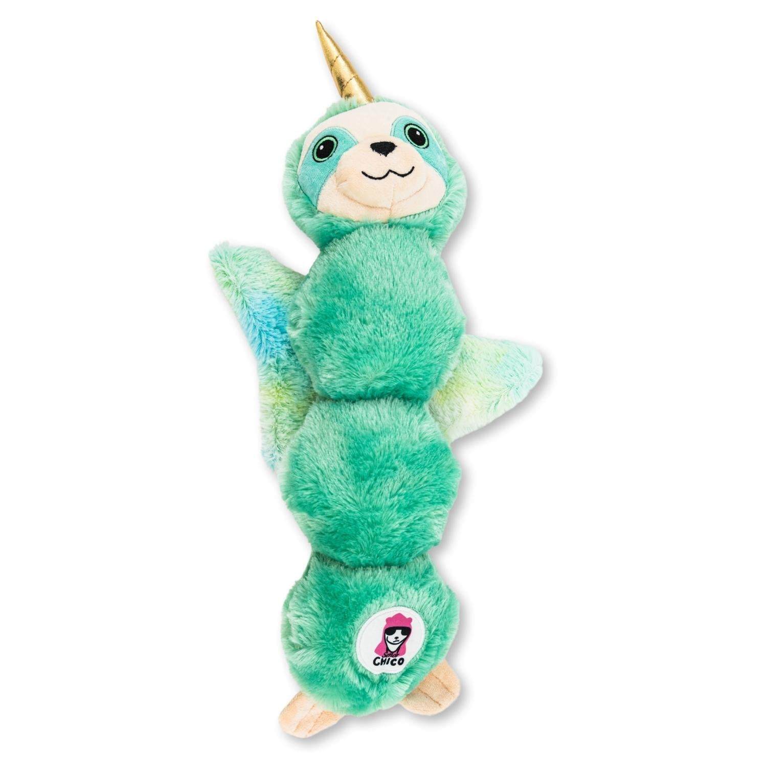 Mystical Mint Winged Sloth plush dog toy with squeaker and crinkle paper for medium and large dogs.