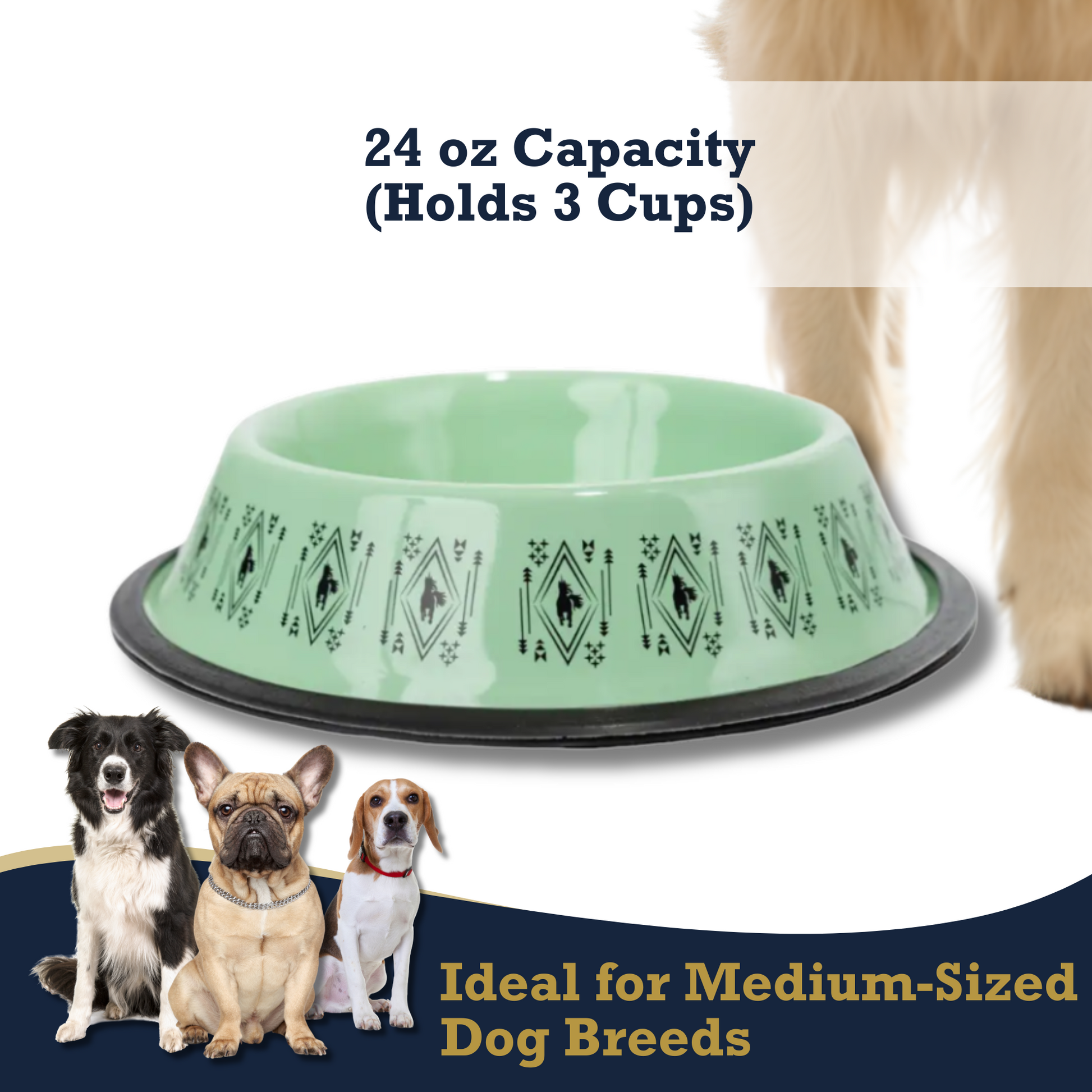 Non-Skid Boho stainless steel dog bowl with whimsical unicorn design and silicone base, ideal for medium-sized dogs, 24oz capacity