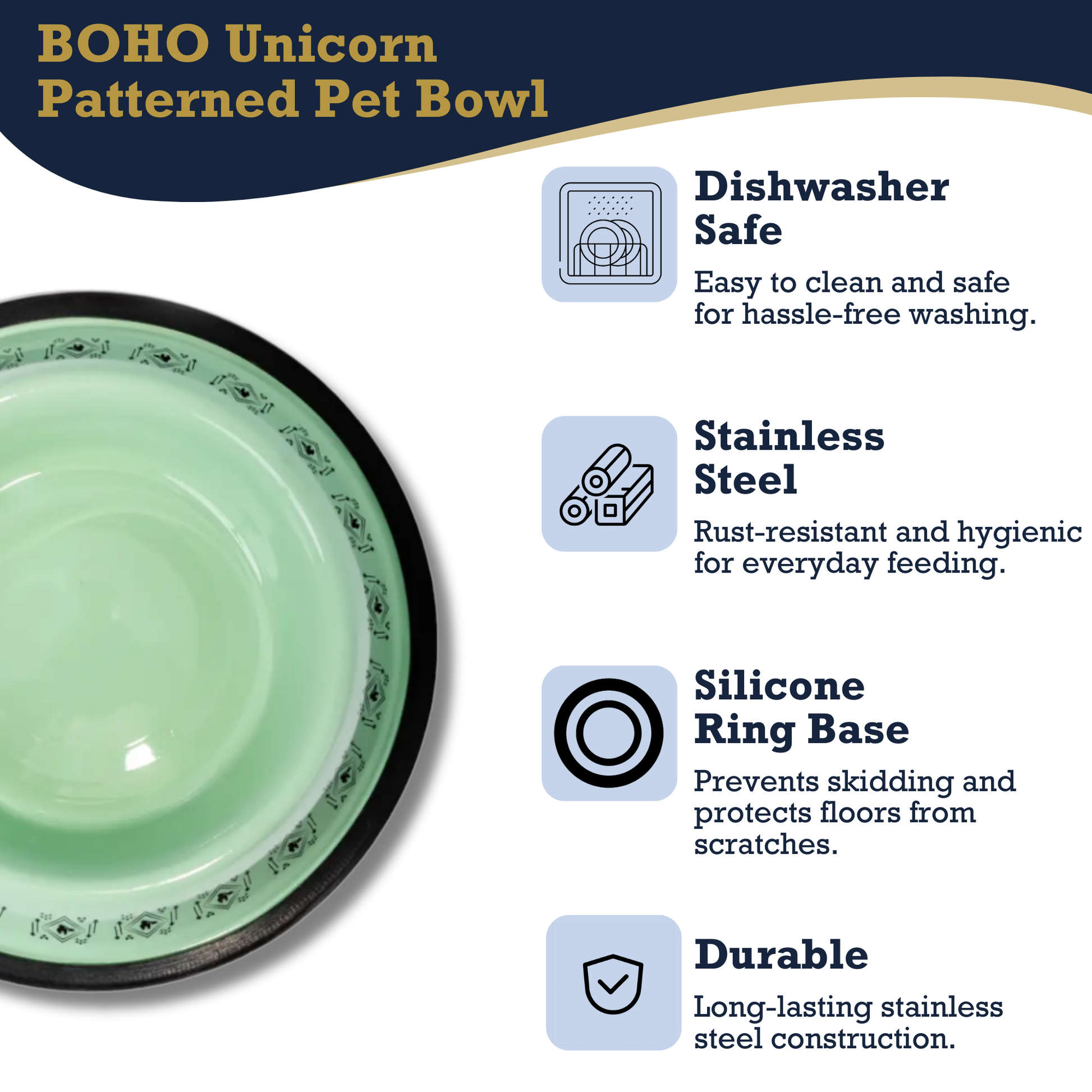 Non-Skid Boho Stainless Steel Dog Bowl with whimsical unicorn design and silicone base for medium dogs, dishwasher safe and durable