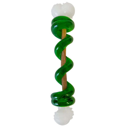 Country Living Bone-a-Treat Dog Chew Toy with orange bulged balls and green spiral ring for dental health and fun
