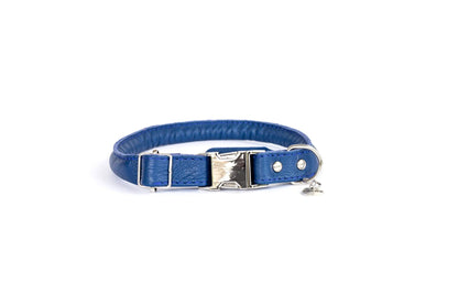 Rolled style blue leather quick-release dog collar with European steel buckle