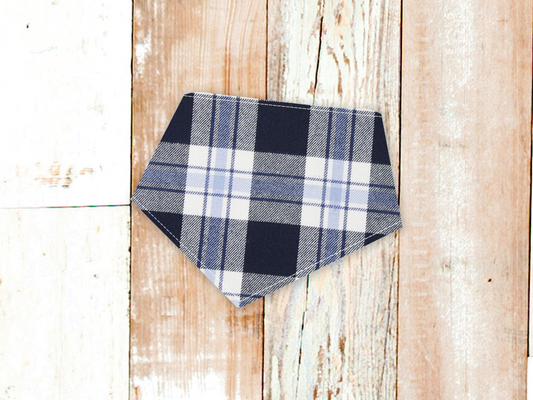 navy white plaid flannel dog bandana with adjustable snaps and soft cotton fabric