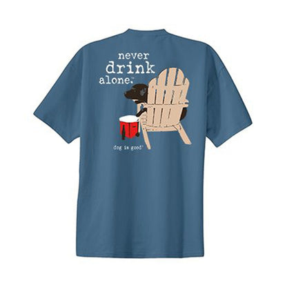 Never Drink Alone T-shirt with dog and chair graphic on blue background