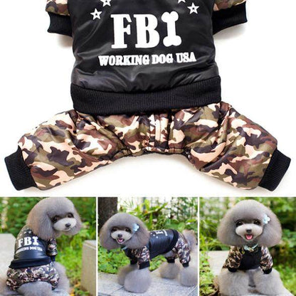 FBI camouflage coat for dogs with thick jumpsuit pants, button design, and warm cotton polyester material for outdoor use.
