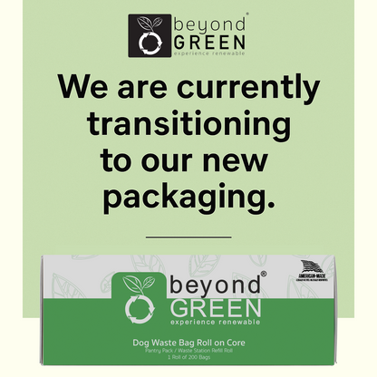 beyondGREEN Dog Waste Bags refill roll with 200 durable, leak-resistant unscented bags on core for park dispensers or home use