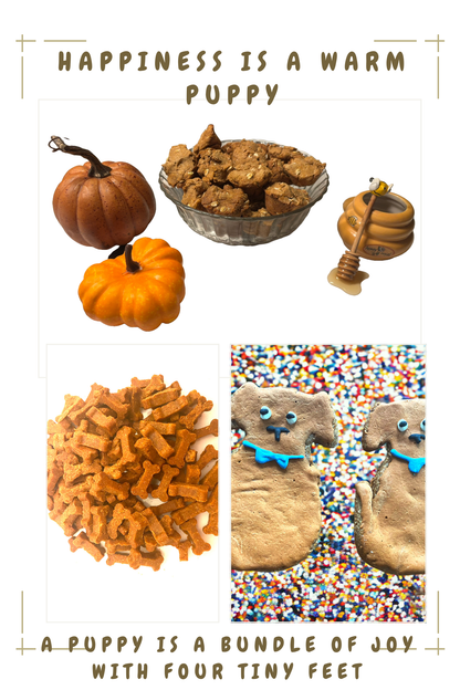 New Pup Welcome Bundle with organic pumpkin muffins, beef training treats, and dog-shaped Finn's cookies