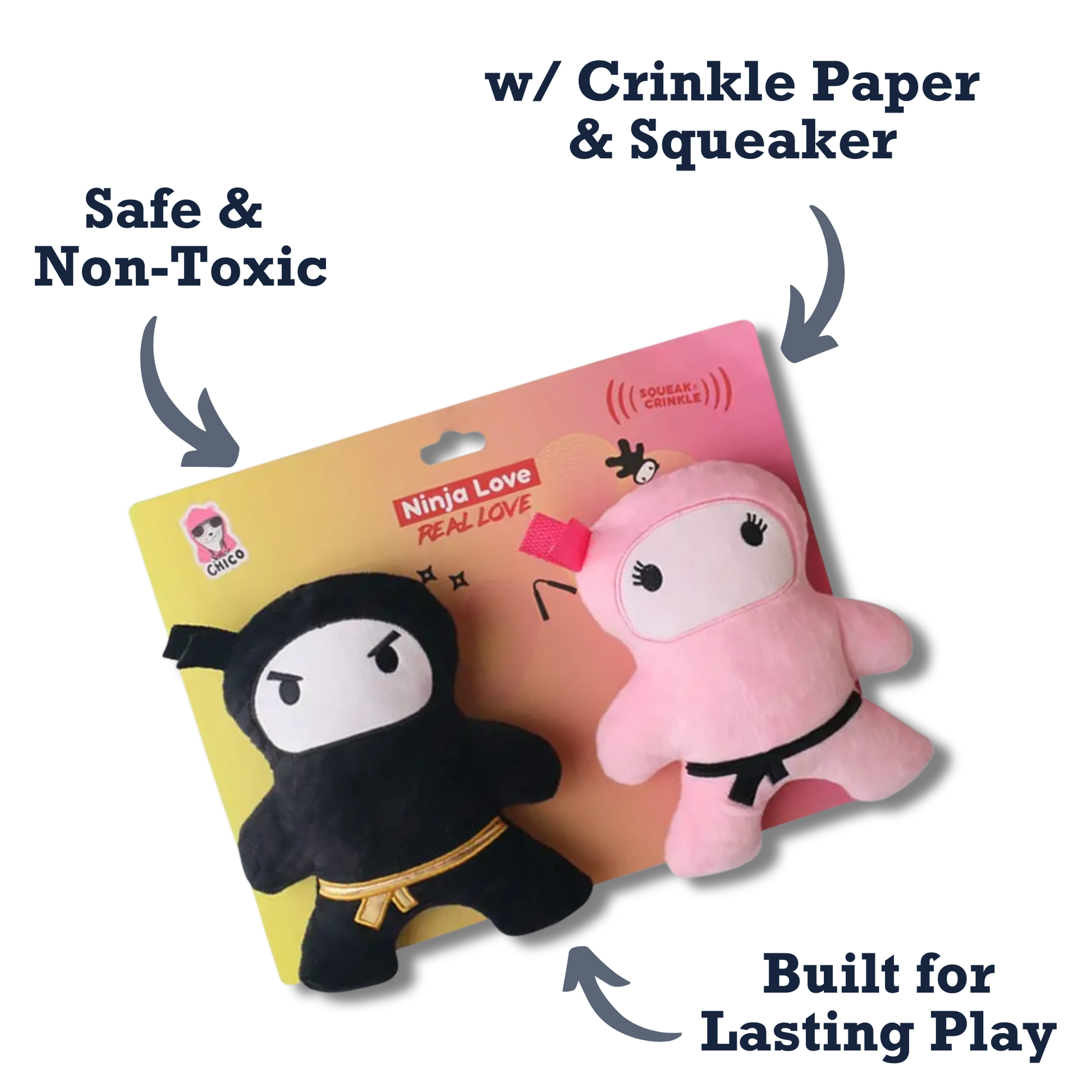 Pink and black ninja love plush dog toy set with squeaker and crinkle paper, safe and durable for interactive play