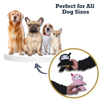 Pink and black ninja plush dog toys with squeakers and crinkle paper, suitable for all dog sizes