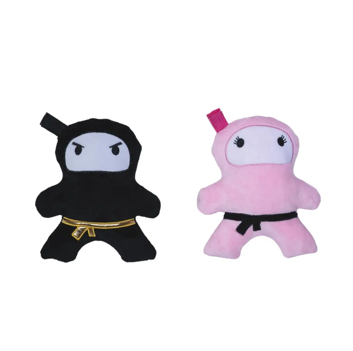 Pink and black ninja love plush dog toys with squeakers and crinkle paper for interactive play
