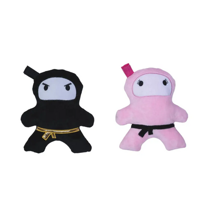 Pink and black ninja love plush dog toys with squeakers and crinkle paper for interactive play