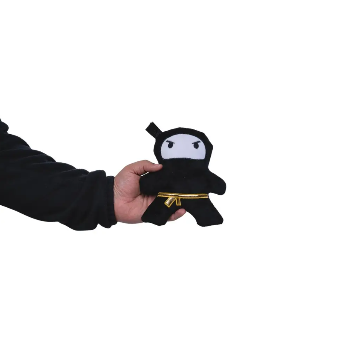 Hand holding black ninja plush dog toy with gold belt from Pink & Black Ninja Love set