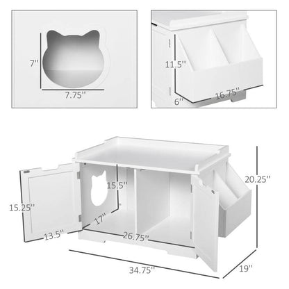 Cat litter box nightstand made of white MDF with cat-shaped side door and storage rack, multifunctional enclosure for cats with dimensions shown