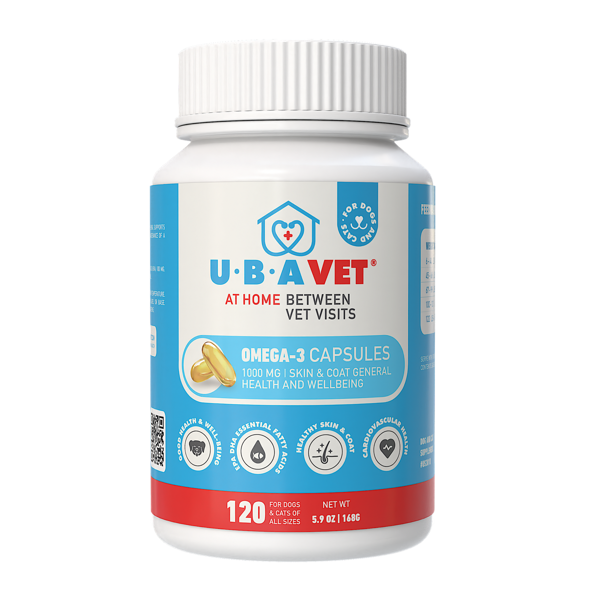 UBAVET Omega-3 Capsules 1000 mg for dogs and cats, 120-count bottle supporting skin, coat, joint, brain, and immune health with wild-caught fish oil.