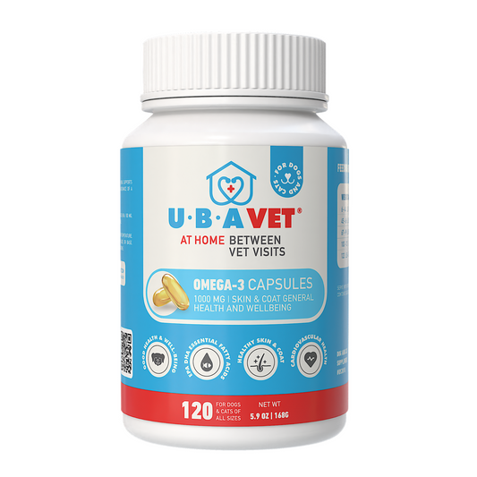 UBAVET Omega-3 Capsules 1000 mg for dogs and cats, 120-count bottle supporting skin, coat, joint, brain, and immune health with wild-caught fish oil.