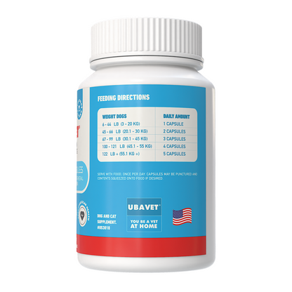 UBAVET Omega-3 Capsules 1000 mg bottle for dogs and cats promoting skin, coat, joint, and overall health support with wild-caught fish oil.
