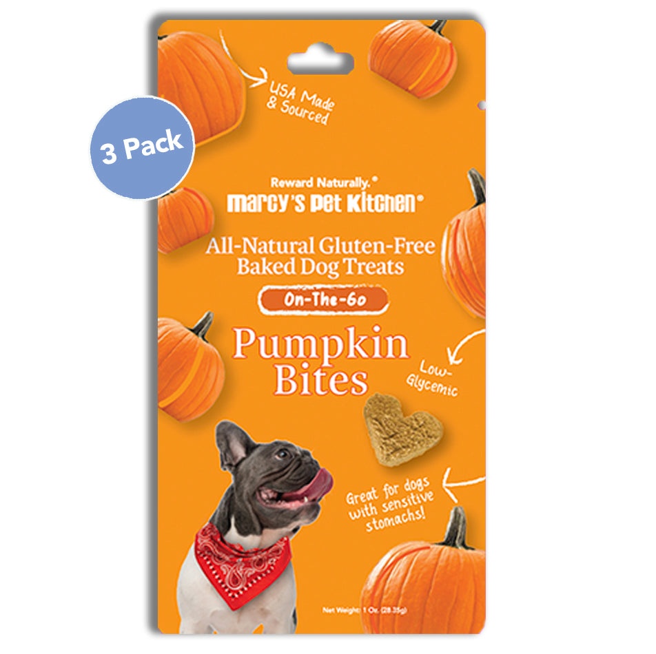 Marcy's Pet Kitchen® vegan pumpkin dog biscuit pack with heart-shaped treats for sensitive stomachs