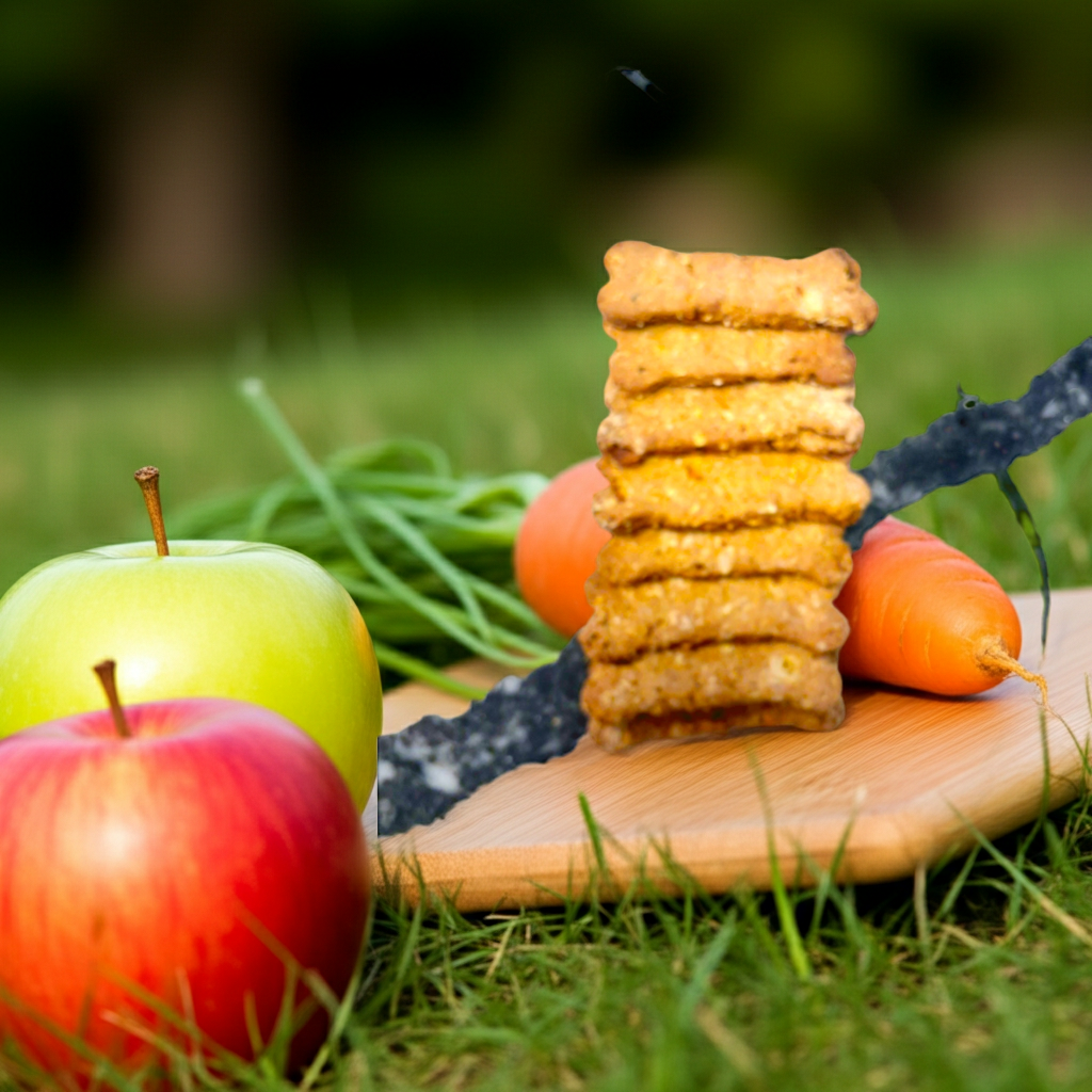 Organic Apple Carrot Bones dog treats stacked on wooden board with fresh apples and carrots background