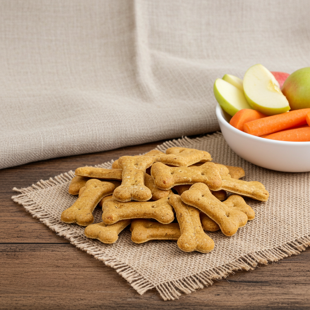 Organic Apple Carrot Bones dog treats with natural ingredients on burlap napkin next to bowl of fresh apples and carrots
