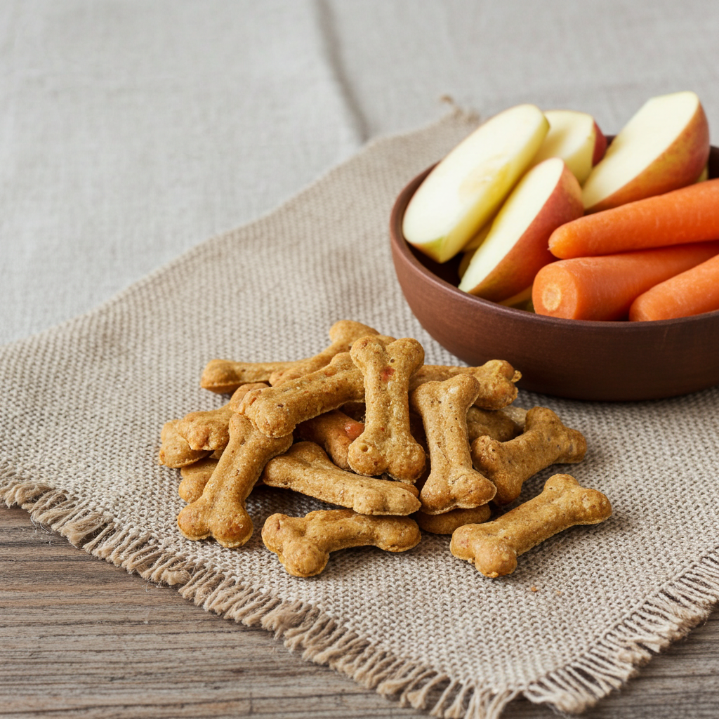 Organic Apple Carrot Bones dog treats next to fresh apple slices and carrots on a rustic mat