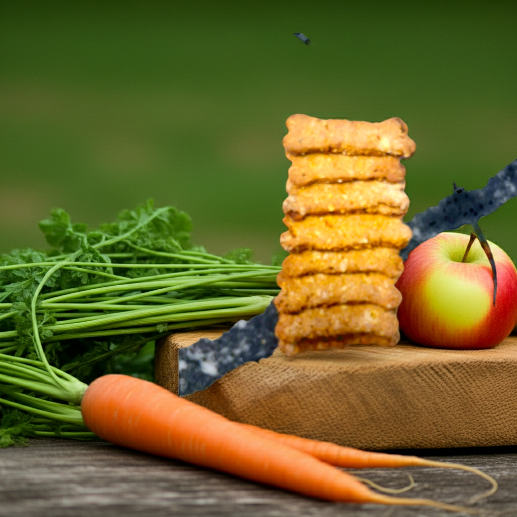 Stack of Organic Apple Carrot Bones dog treats with fresh carrots and an apple on wooden surface