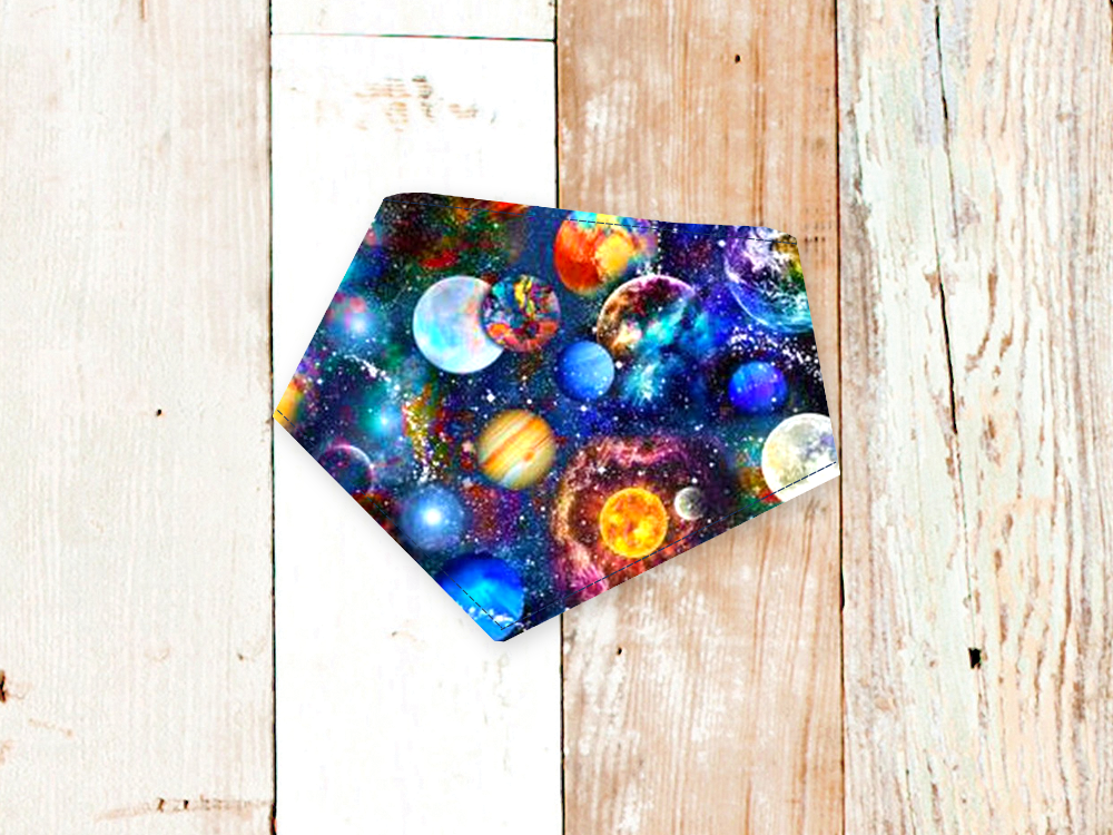 Outer space themed dog bandana with adjustable snaps and flannel backing