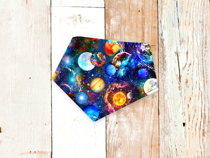 Outer space themed dog bandana with adjustable snaps and flannel backing