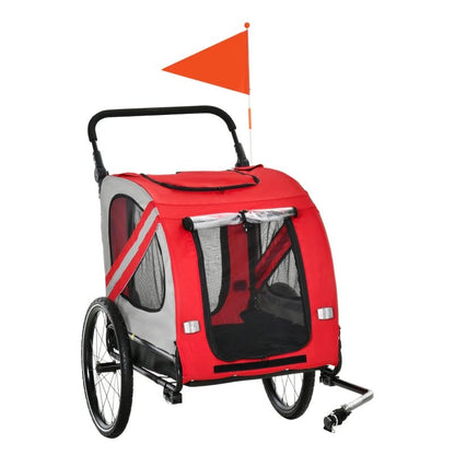red 2-in-1 pet bike trailer stroller with mesh windows and safety flag