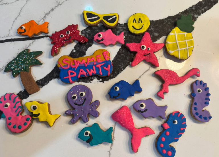 PAWaquarium Dog Cookie Box with ocean-themed organic dog cookies in a pink gift box