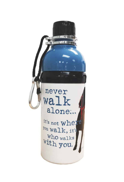 Never Walk Alone stainless steel dog water bottle with rollerball dispenser and twist-off bowl for on-the-go hydration