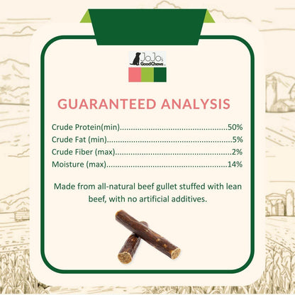 All-natural beef stuffed gullet dog treats with 50% protein, 5% fat, low fiber, and 14% moisture, healthy chews for dental and joint support