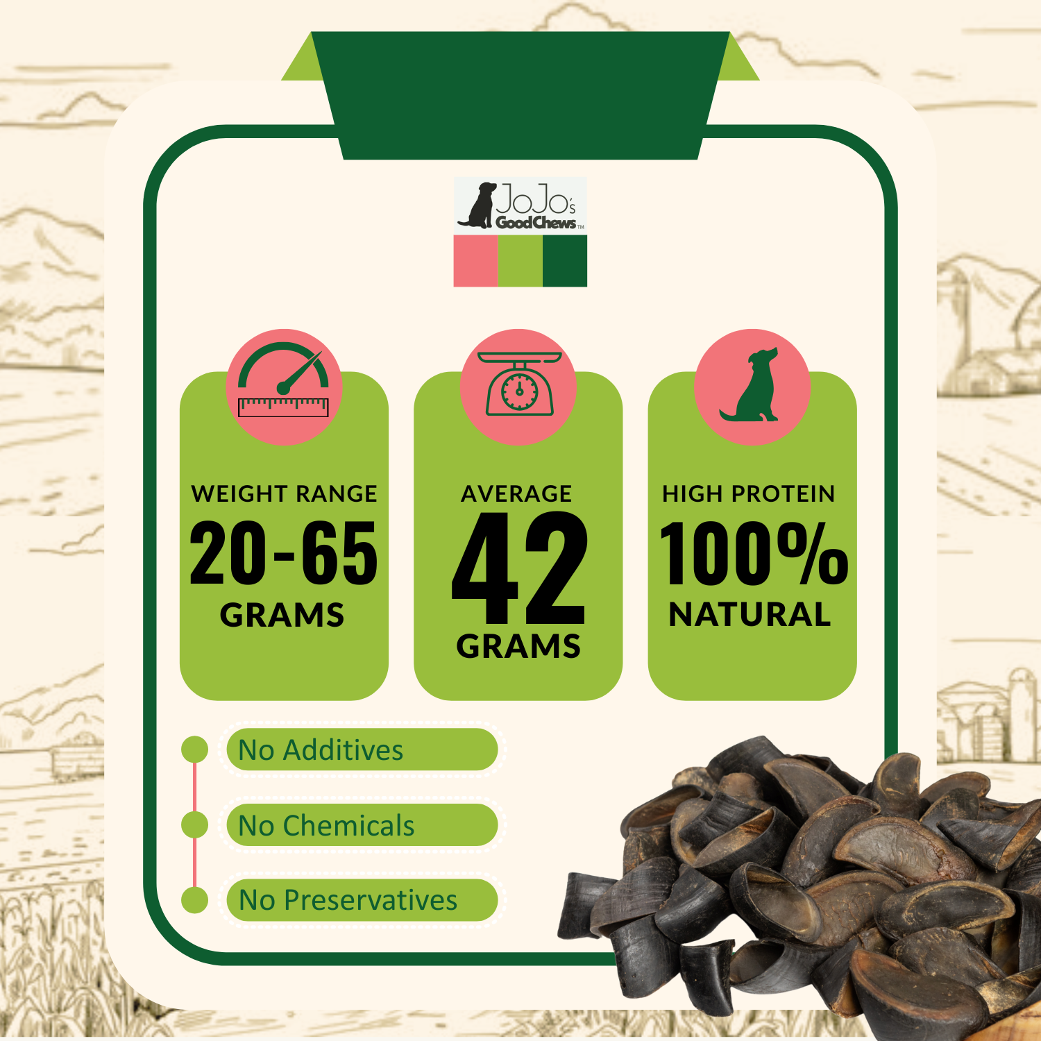 All-natural cow hooves dog chews, 25-count case, high-protein, low-fat, no additives, promotes dental health and tartar control.
